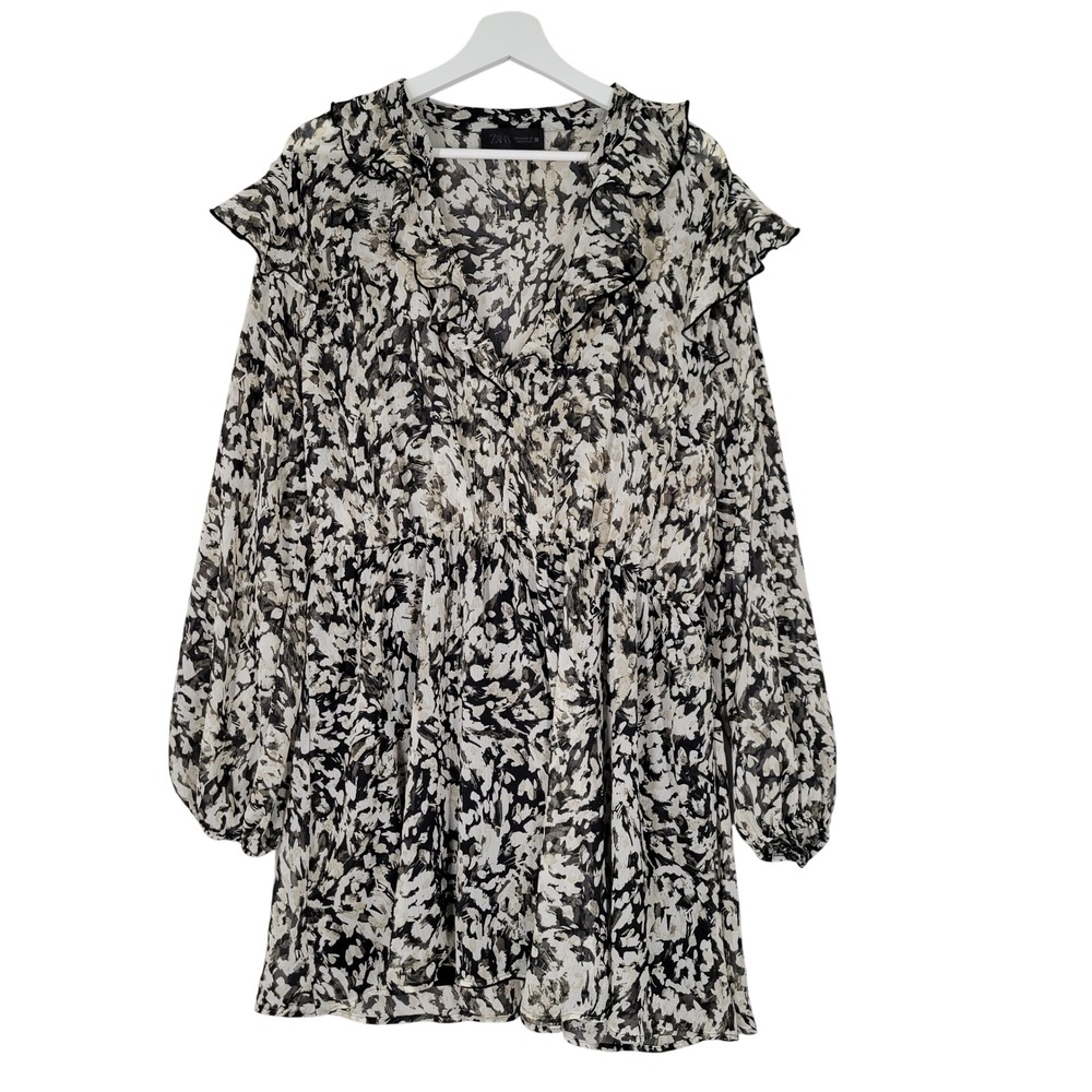 Zara Dress Women XL Black Cream Abstract Floral Ruffle V-Neck Long Sleeve Mini